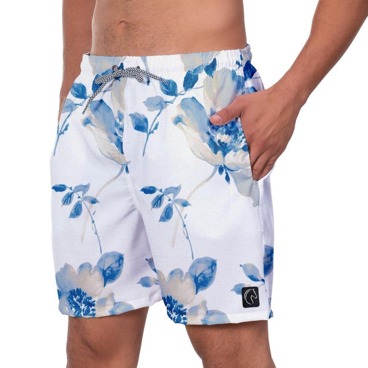 Short Praia Premium Masculino Academia Fitness Caminhada Flores Azuis - Branco Menor preço em Short Praia Premium Masculino Academia Fitness Caminhada Flores Azuis - Branco