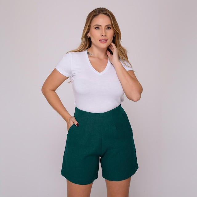 Shorts Alfaiataria Feminino Cintura Alta Tipo Linho