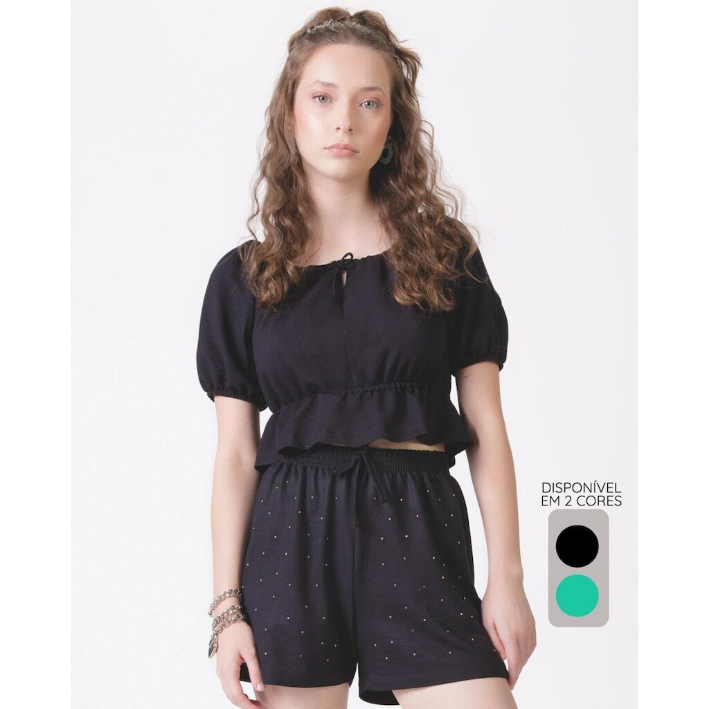 Shorts com strass verão brilho fofo moderno fresquinho - Preto e Verde - Feminino 12 a 18 anos