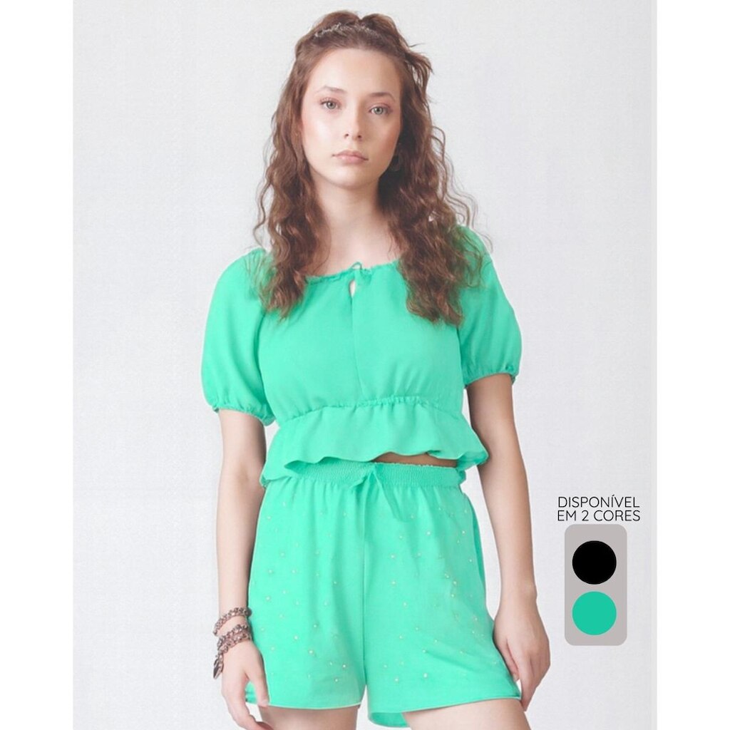 Shorts com strass verão brilho fofo moderno fresquinho - Preto e Verde - Feminino 12 a 18 anos