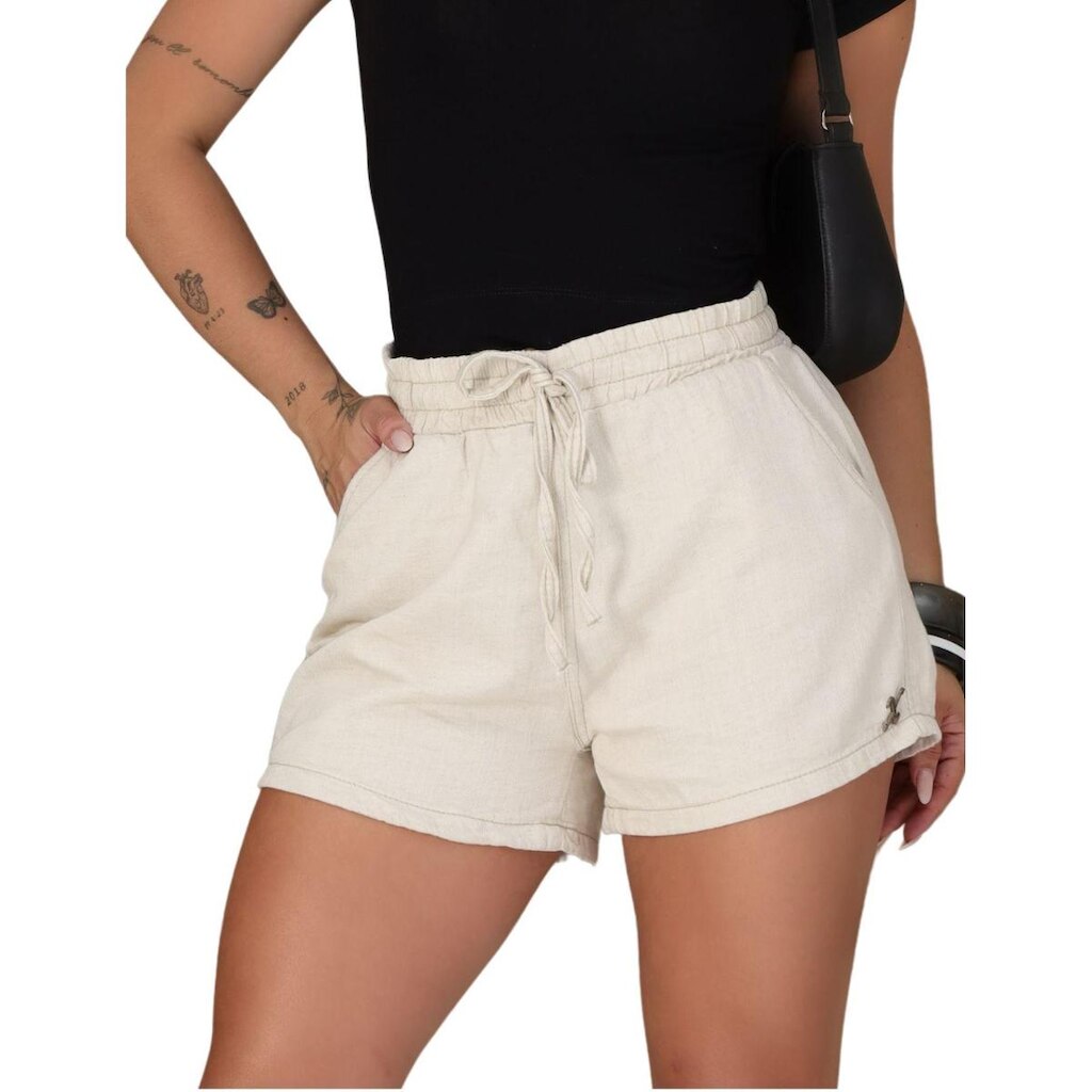 Shorts Em Linho Feminino Curto Cintura Alta Ajustável Pátria
