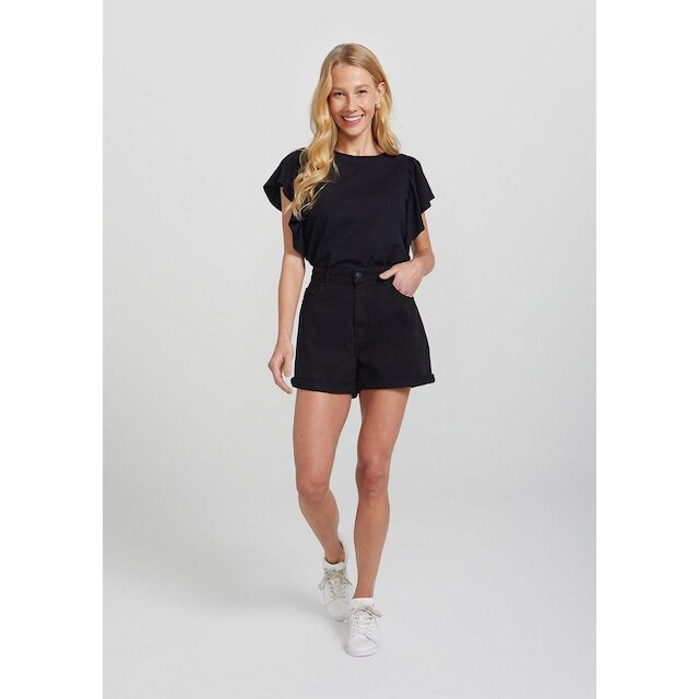 Shorts Feminino Cintura Alta Mom Em Sarja De Algodão - Preto 034