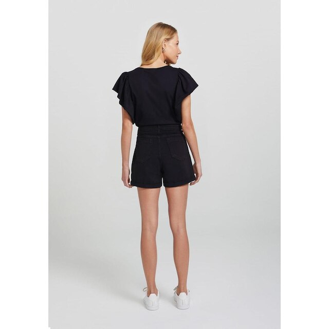 Shorts Feminino Cintura Alta Mom Em Sarja De Algodão - Preto 034