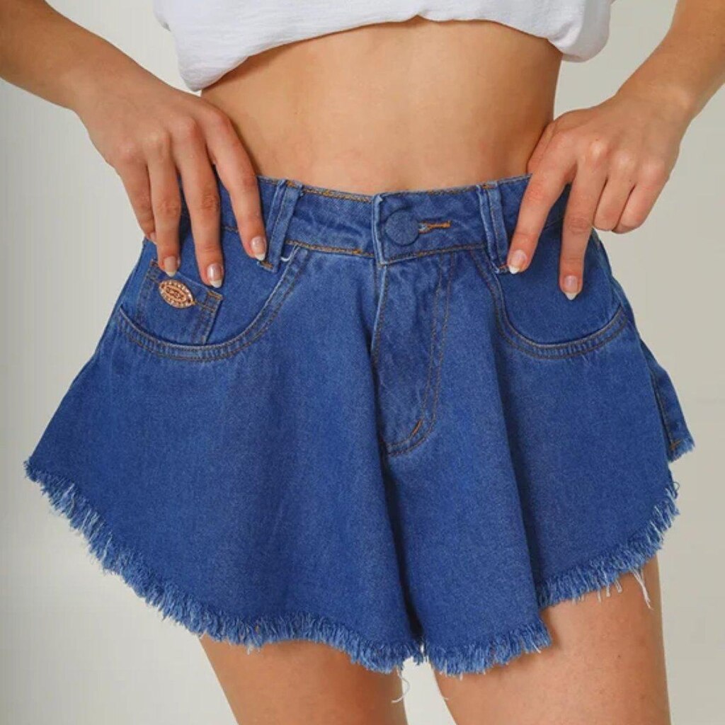 Shorts Feminino Jeans Godê Babaloo Destroyed Bermuda Cintura Alta Barra Desfiada Lycra Elastano