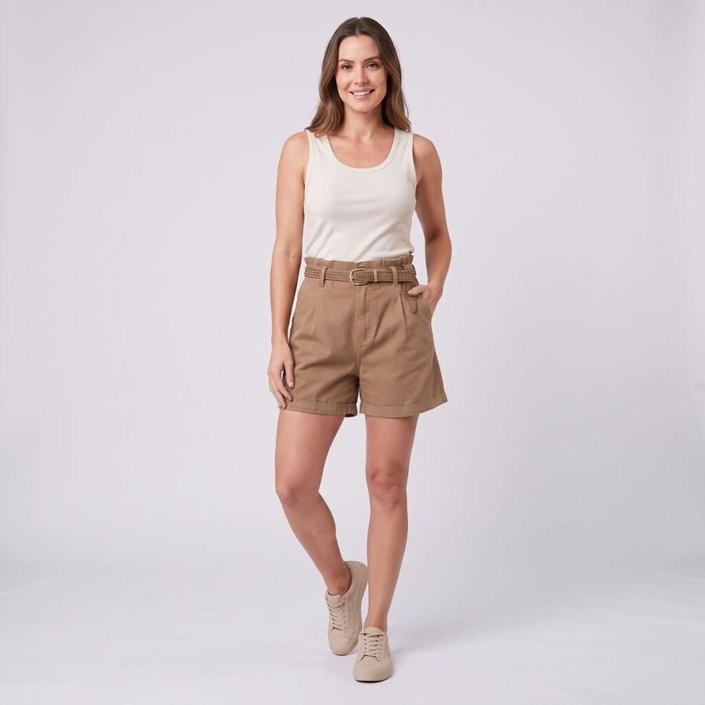 Shorts Feminino Sarja com 2 Bolsos e Cinto