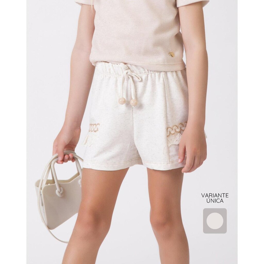 Shorts infantil bordado siganinha verão leve delicado divertido - Creme - Menina 4 a 14 anos