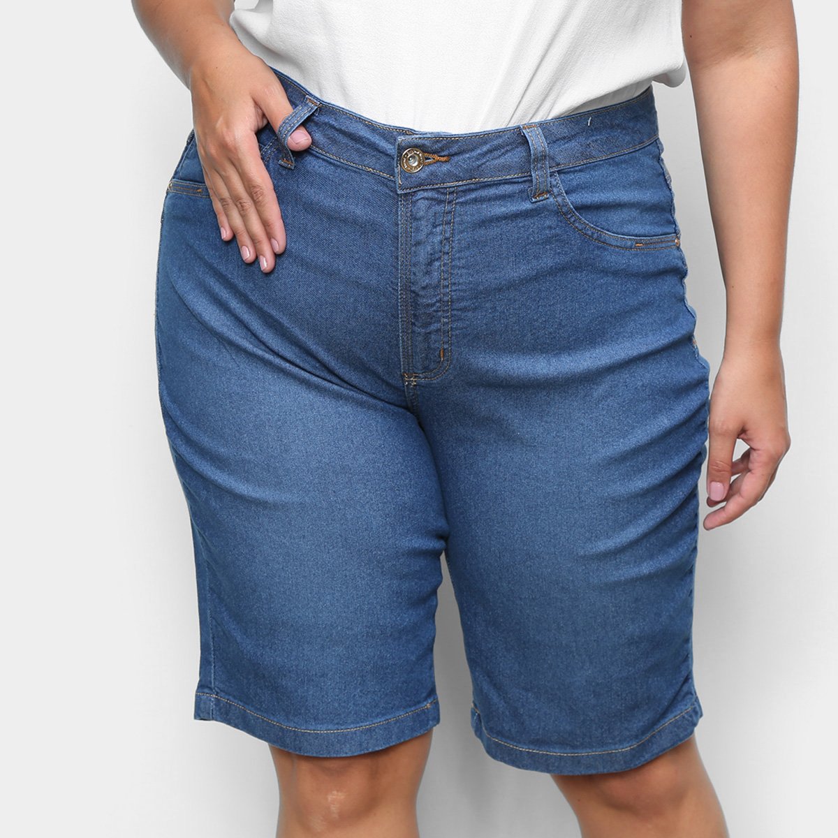 Shorts Jeans Cambos Plus Size Cilcista Feminino - Azul Claro Menor preço em Shorts Jeans Cambos Plus Size Cilcista Feminino - Azul Claro