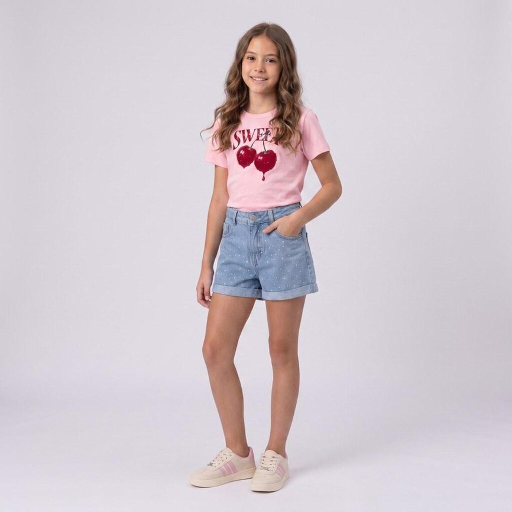 Shorts Jeans Feminino Juvenil Com Strass Revert