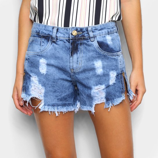 Shorts Jeans Justin Denim Ziper Desfiado Feminino - Azul Claro