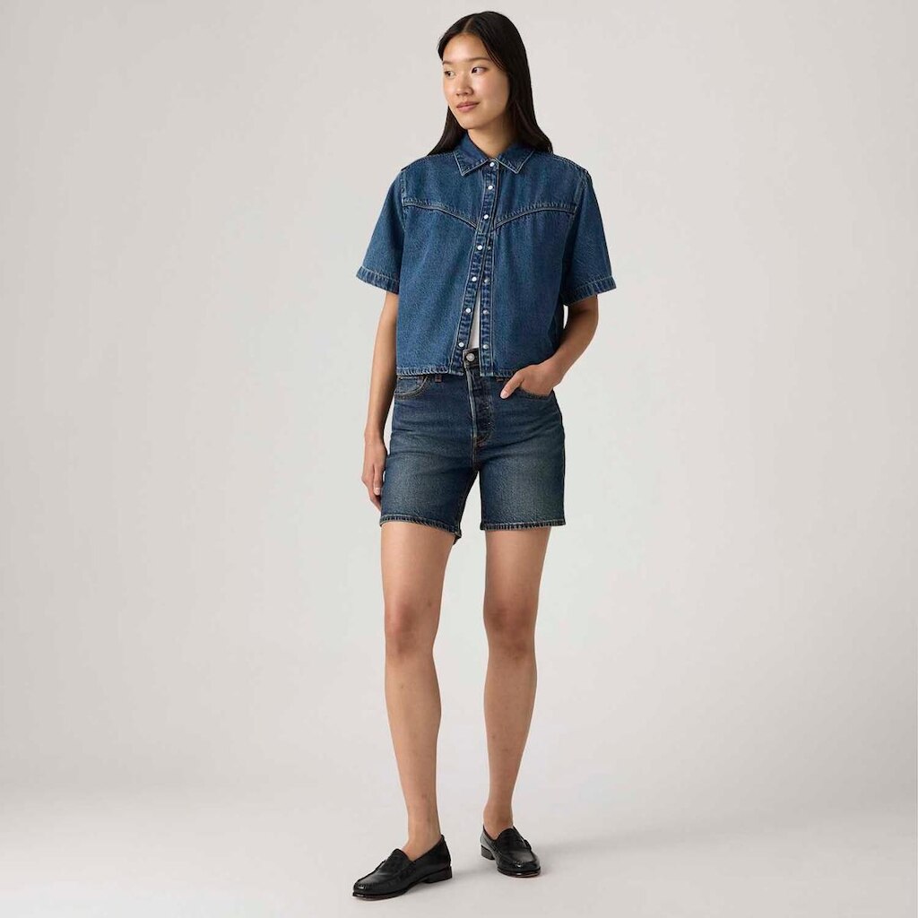 Shorts Jeans Levi's 501 Mid Thigh Lavagem Escura Feminino