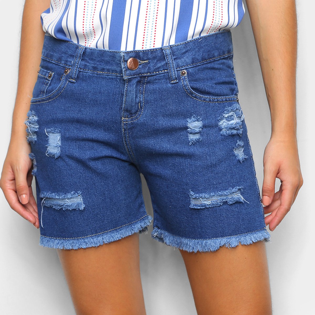 Shorts Jeans Zamany Puídos Feminino - Azul Menor preço em Shorts Jeans Zamany Puídos Feminino - Azul