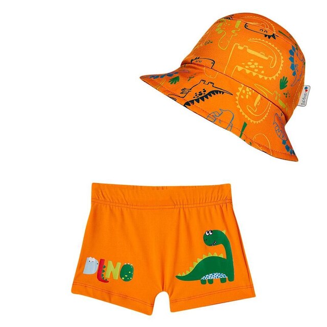 Shorts Praia Bebê com Chapéu Proteção UV Dino Laranja Tip Top