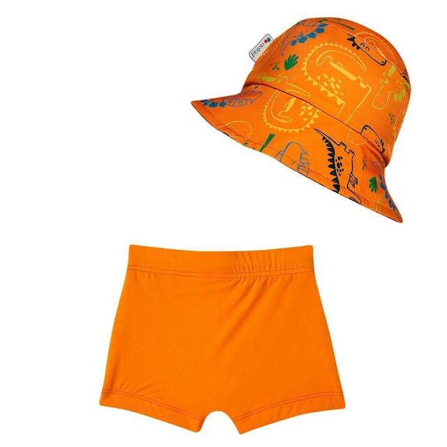 Shorts Praia Bebê com Chapéu Proteção UV Dino Laranja Tip Top