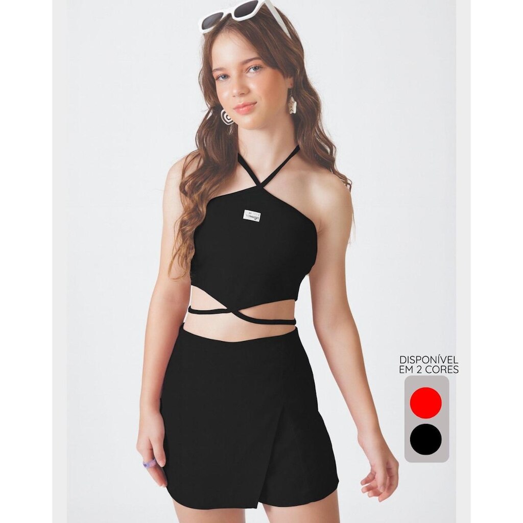Shorts saia linho verão leve estiloso confortável - Vermelho e Preto - Feminino 12 a 18 anos
