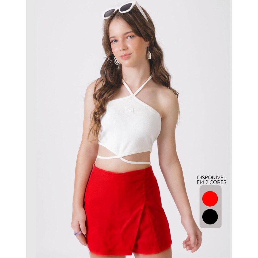 Shorts saia linho verão leve estiloso confortável - Vermelho e Preto - Feminino 12 a 18 anos