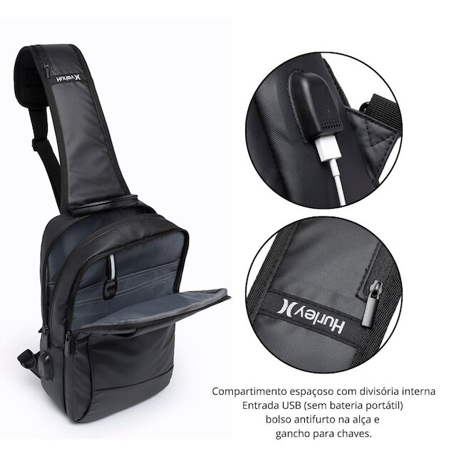 Shoulder Bag Executiva Hurley Masculina Transversal Antifurto Espaçosa 4 Litros