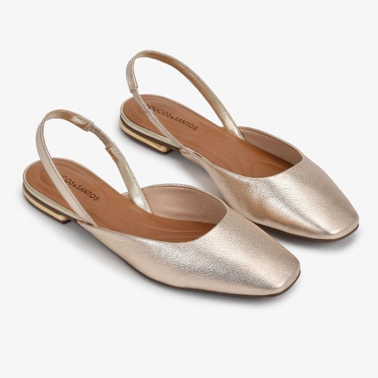 Slingback Baixo em Couro Ouro / Dourado Loucos e Santos
