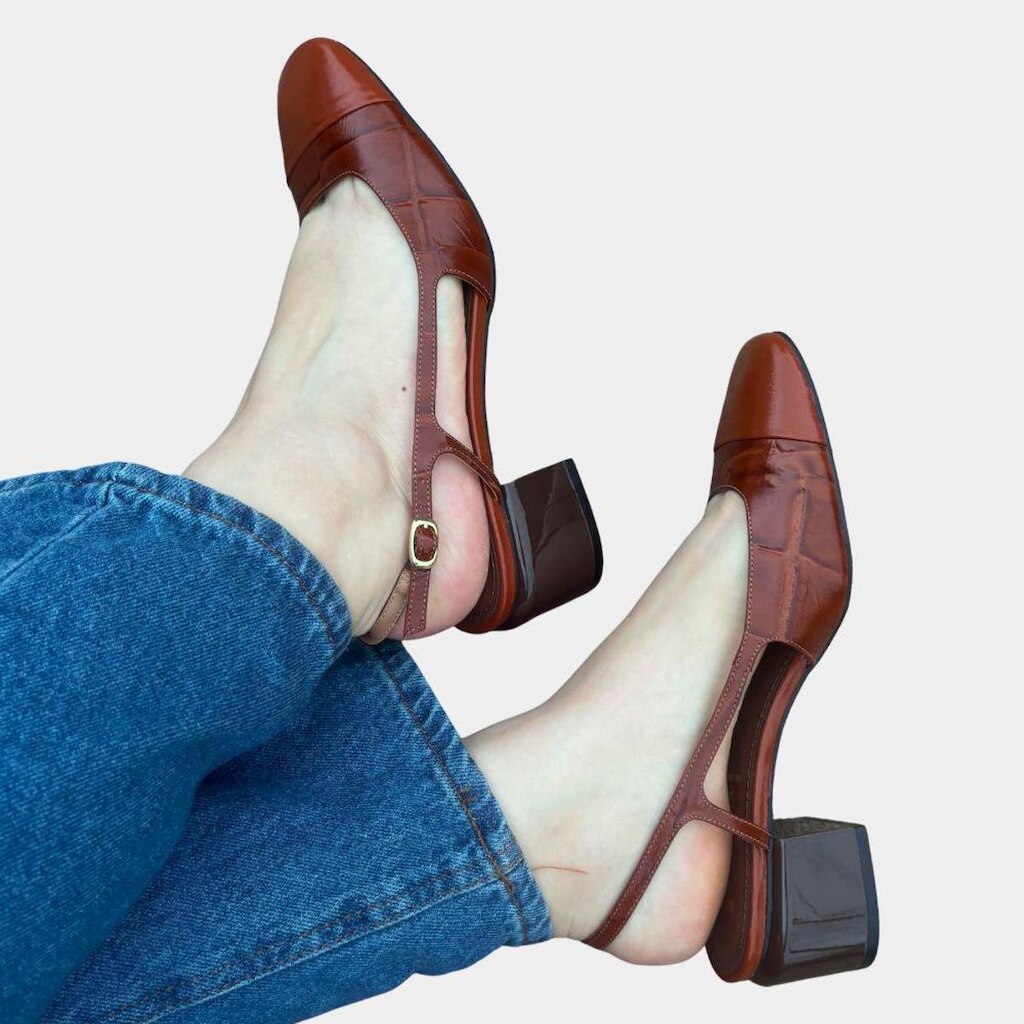 Slingback Feminino Osuna Salto Bloco Textura Elegante Moderno Tendência