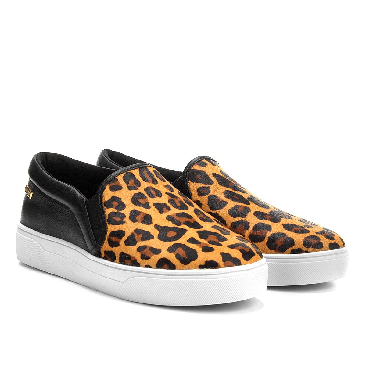 Slip On Couro Dumond Onça Feminino - Preto+Caramelo | Zattini