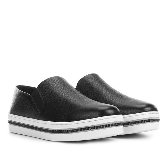 Slip On Couro Luz da Lua Com Strass Sola Feminino - Preto