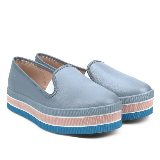 Slip On Moleca Caixa Alta Listras Feminina - Azul Claro