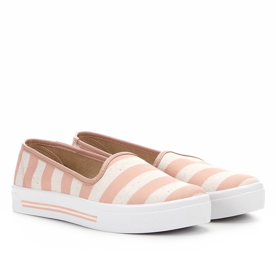 Slip On Moleca Flatform Listrada Feminino - Rosa+Branco