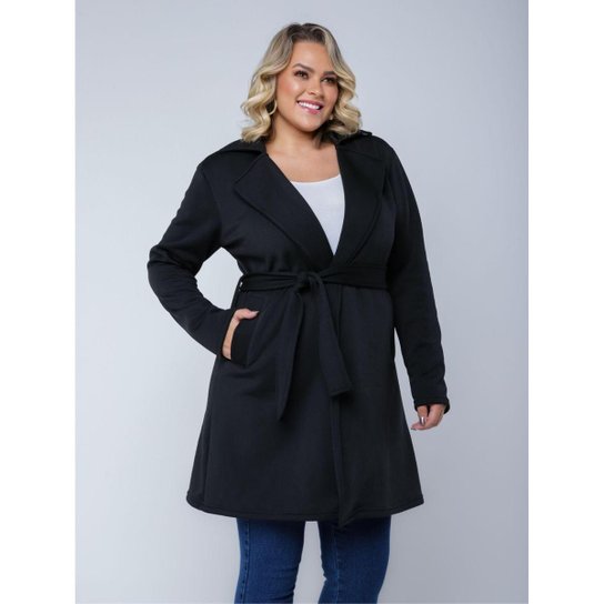 Plus Size Trench Coat Preto Feminino Casaco Sobretudo Feminino