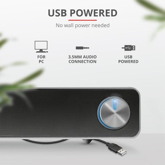Soundbar Trust Arys, Iluminação LED, Design Compacto, 12W, 3.5mm, USB, Preto - 22946