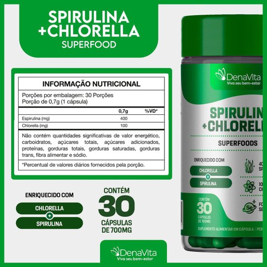 Spirulina Com Chlorela 2x1, Rico em Proteínas, Vitaminas B, Selênio, Vegano, Denavita