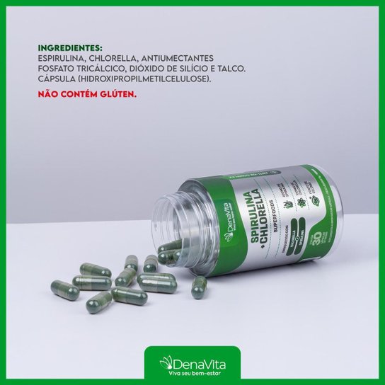Spirulina Com Chlorela 2x1, Rico em Proteínas, Vitaminas B, Selênio, Vegano, Denavita