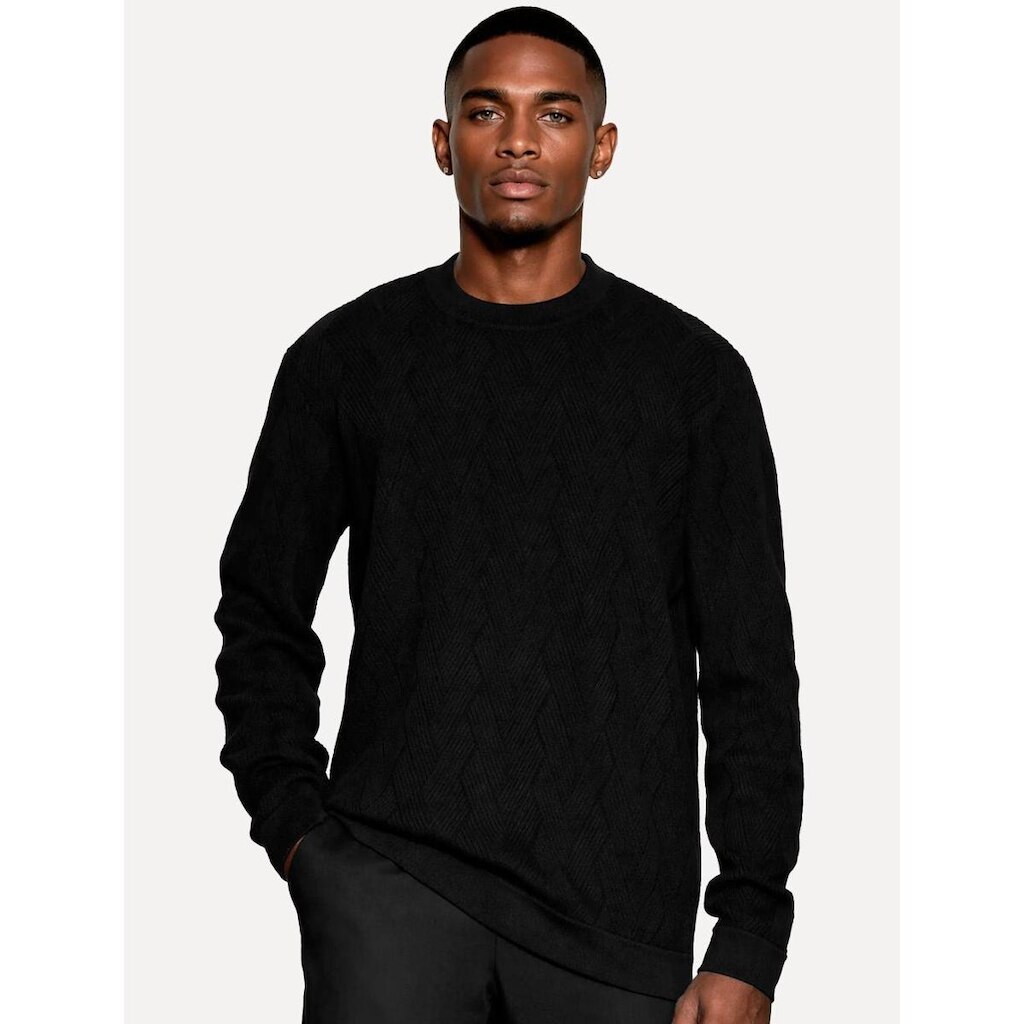 Suéter Aramis Masculino Tricot Crewneck Jacquard Tresse Preto