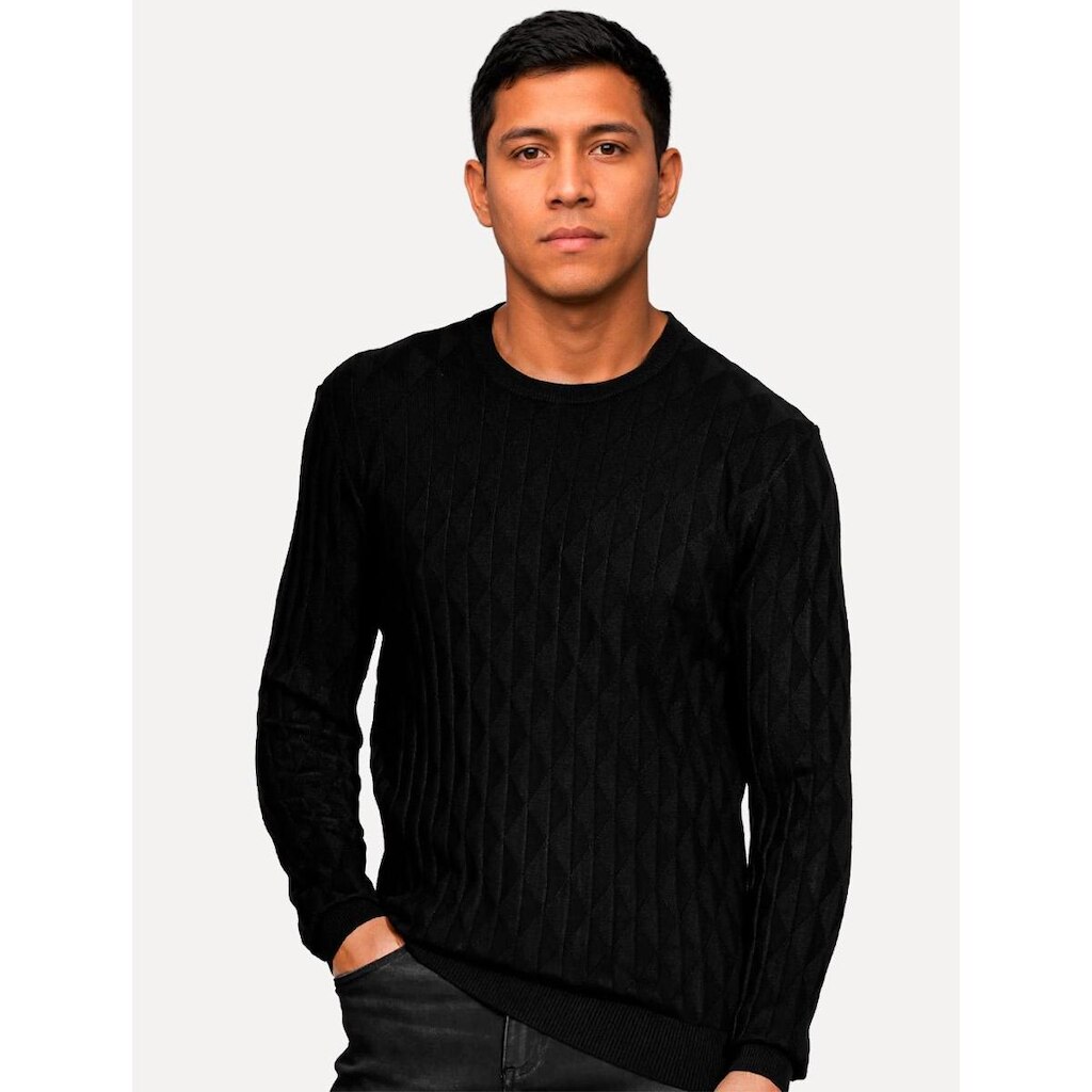Suéter Aramis Masculino Tricot Crewneck Jacquard Triangulos Preto