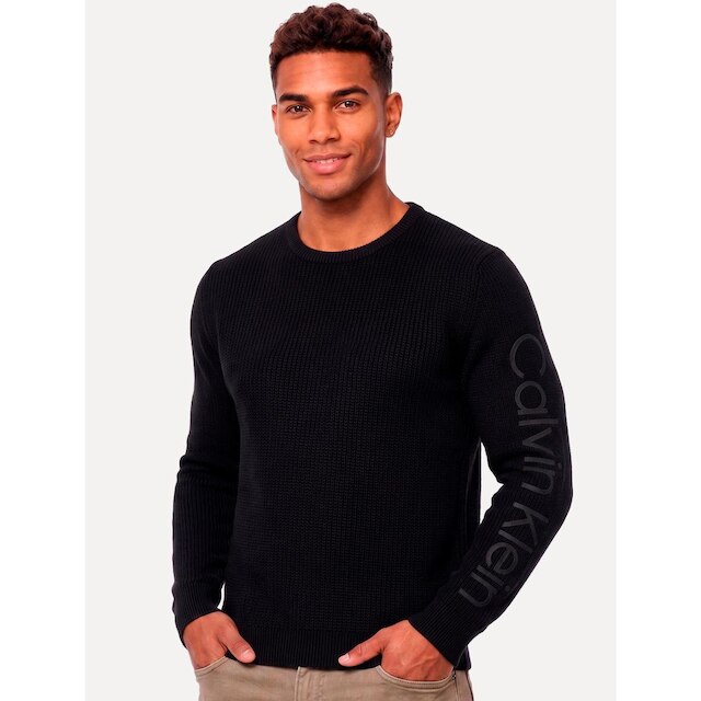 Suéter Calvin Klein Jeans Masculino Crewneck Tricot Sleeve Name Logo Preto