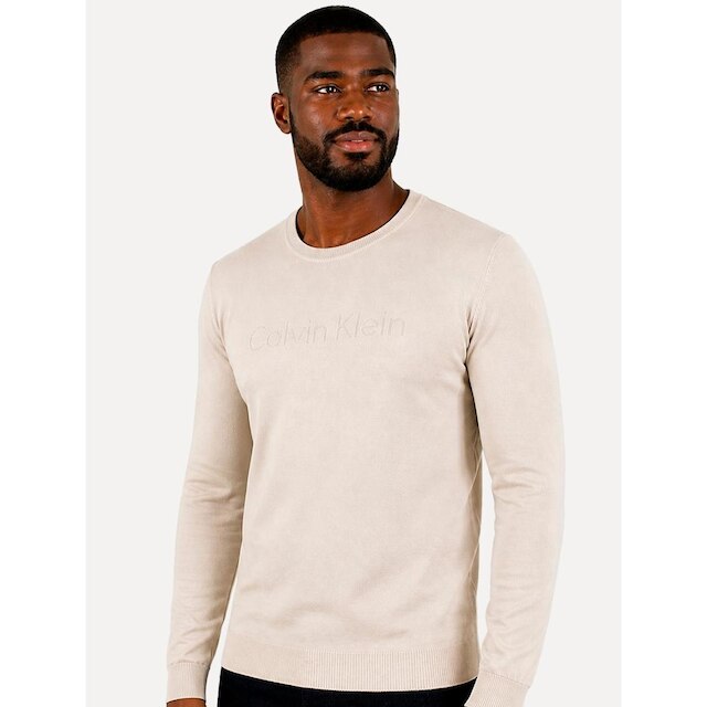 Suéter Calvin Klein Jeans Masculino Tricot Gola Careca Liso Areia