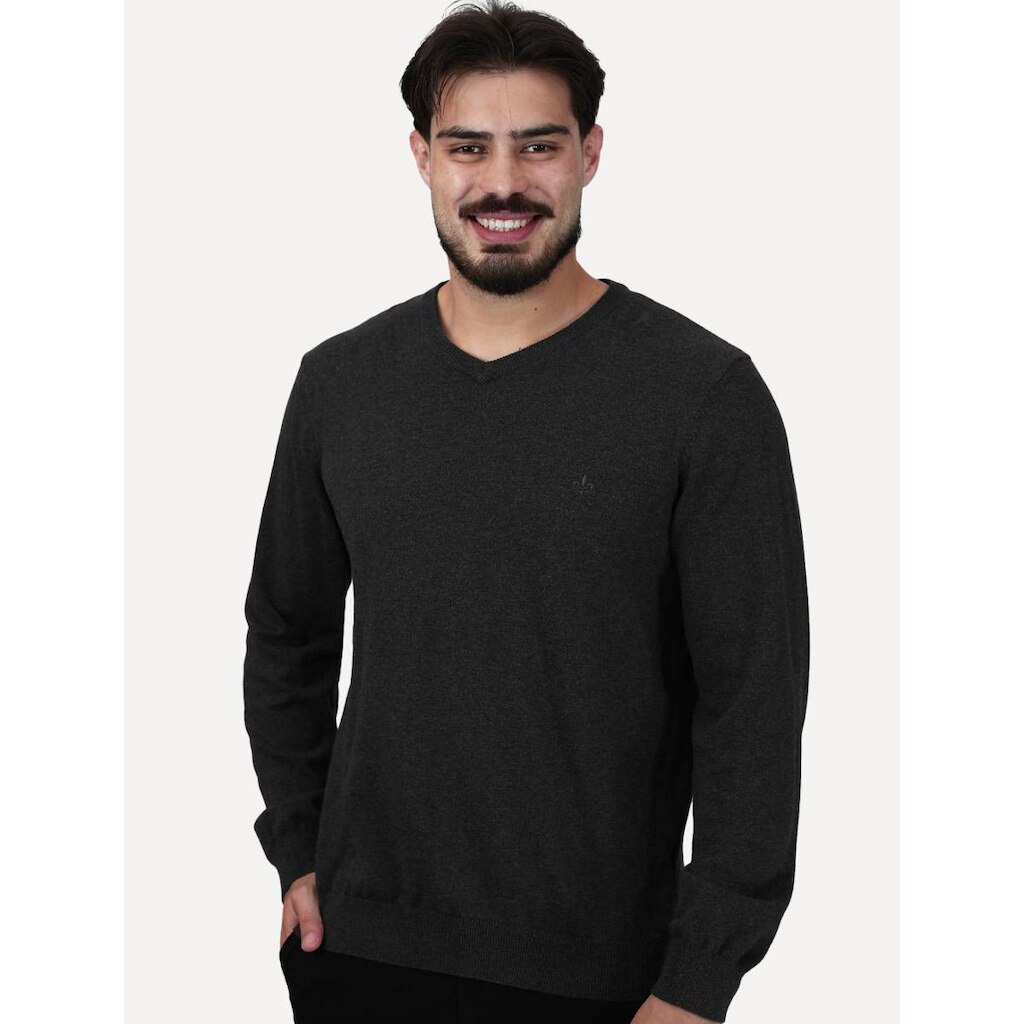 Suéter Dudalina Masculino Basico Tricot V-Neck Cotton Cinza Mescla Escuro