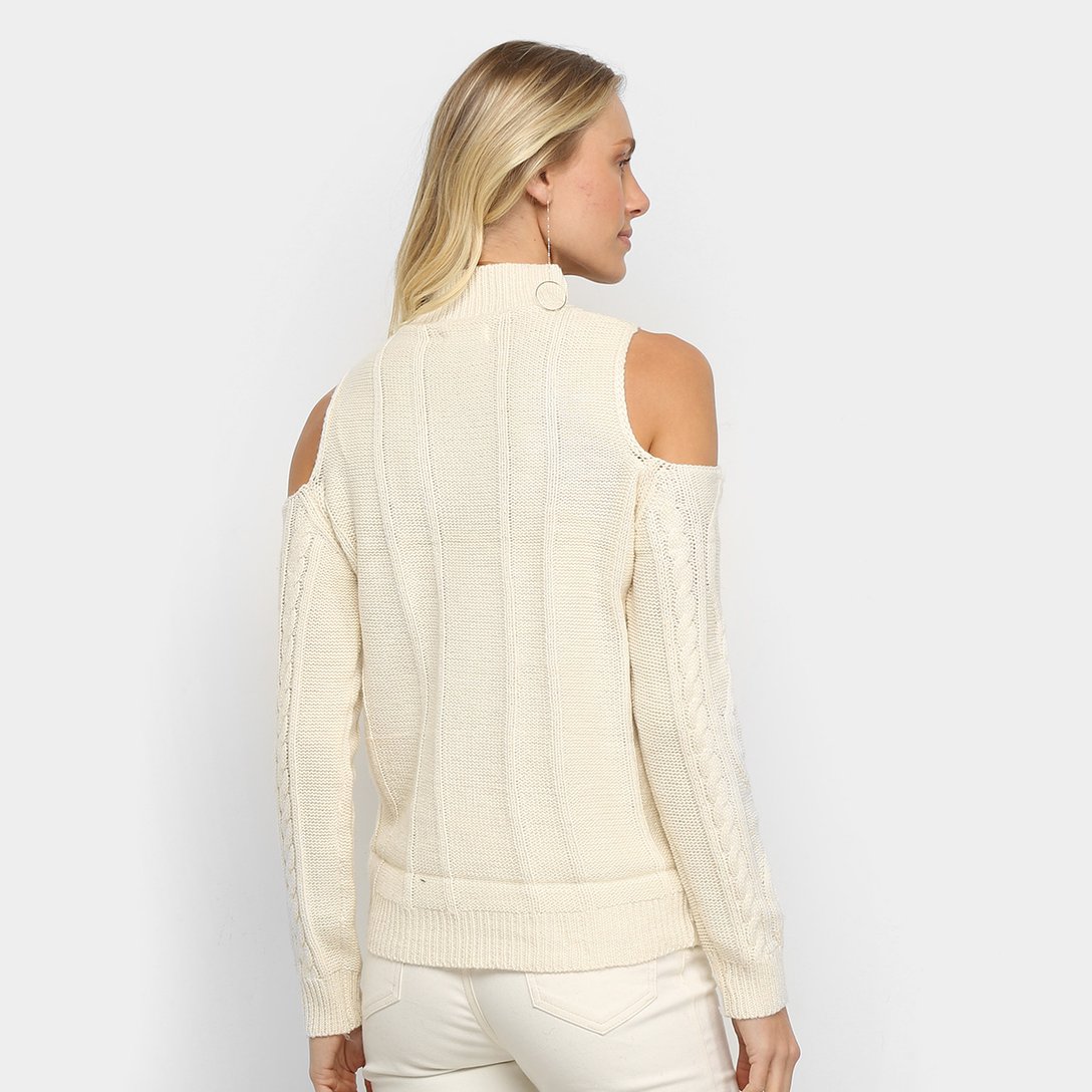 Suéter Favorita's Gola Alta Trançado Open Shoulder Feminino Bege