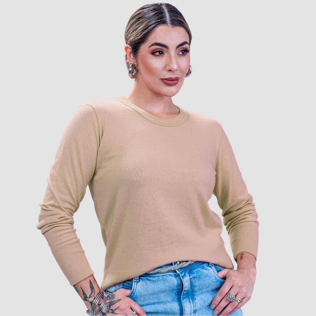 Suéter Feminino Básico Tricot Gola Redonda