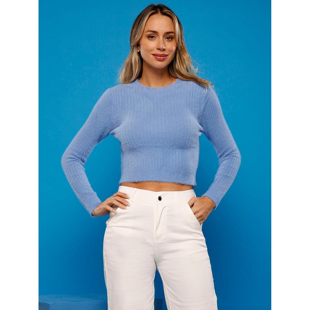 Suéter Feminino Manga Longa Cropped Tricot de Pelinhos Premium