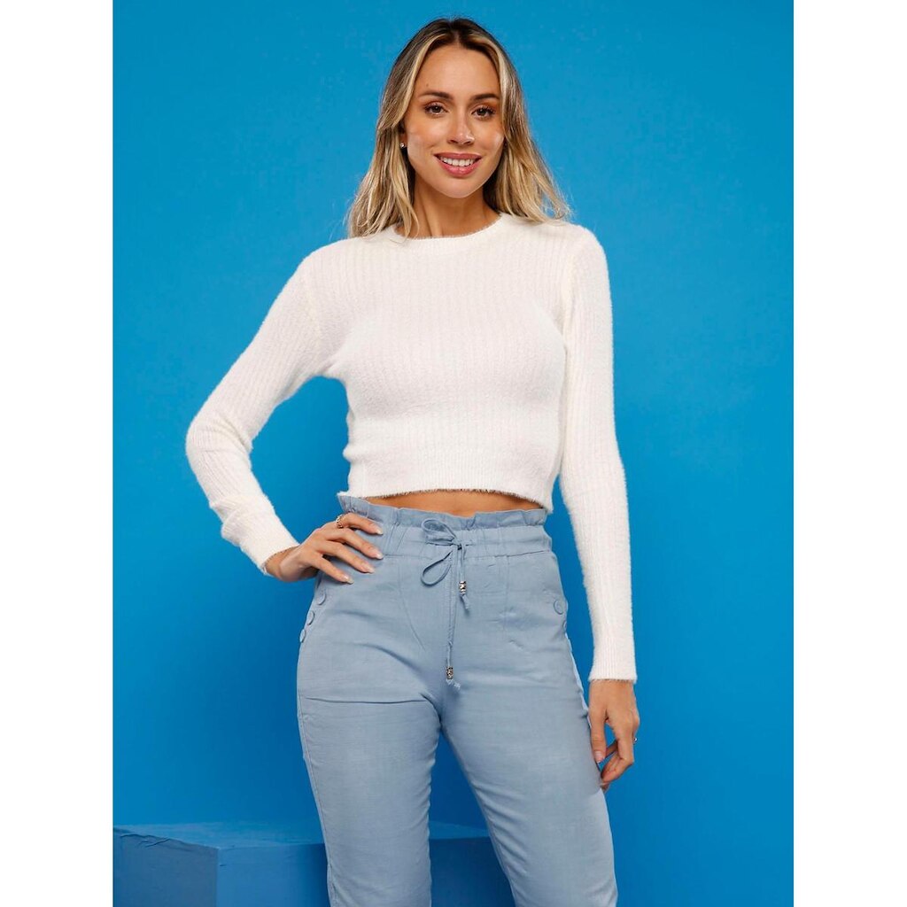 Suéter Feminino Manga Longa Cropped Tricot de Pelinhos Premium