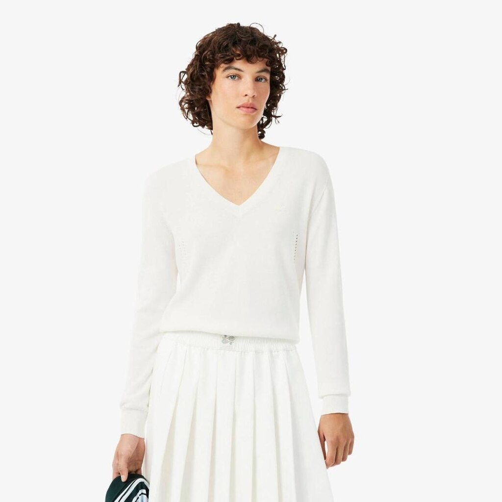 Suéter Lacoste de Lã Merino com Gola V Tricô Sem Costura