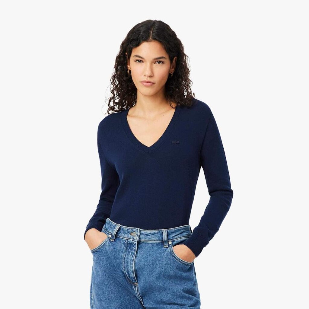 Suéter Lacoste de Lã Merino com Gola V Tricô Sem Costura