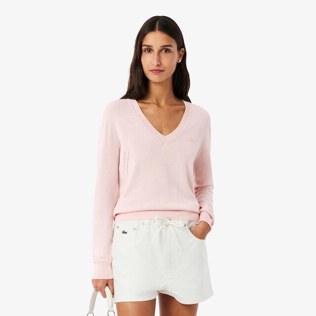 Suéter Lacoste Tricotado Sem Costura com Decote em V Feminino