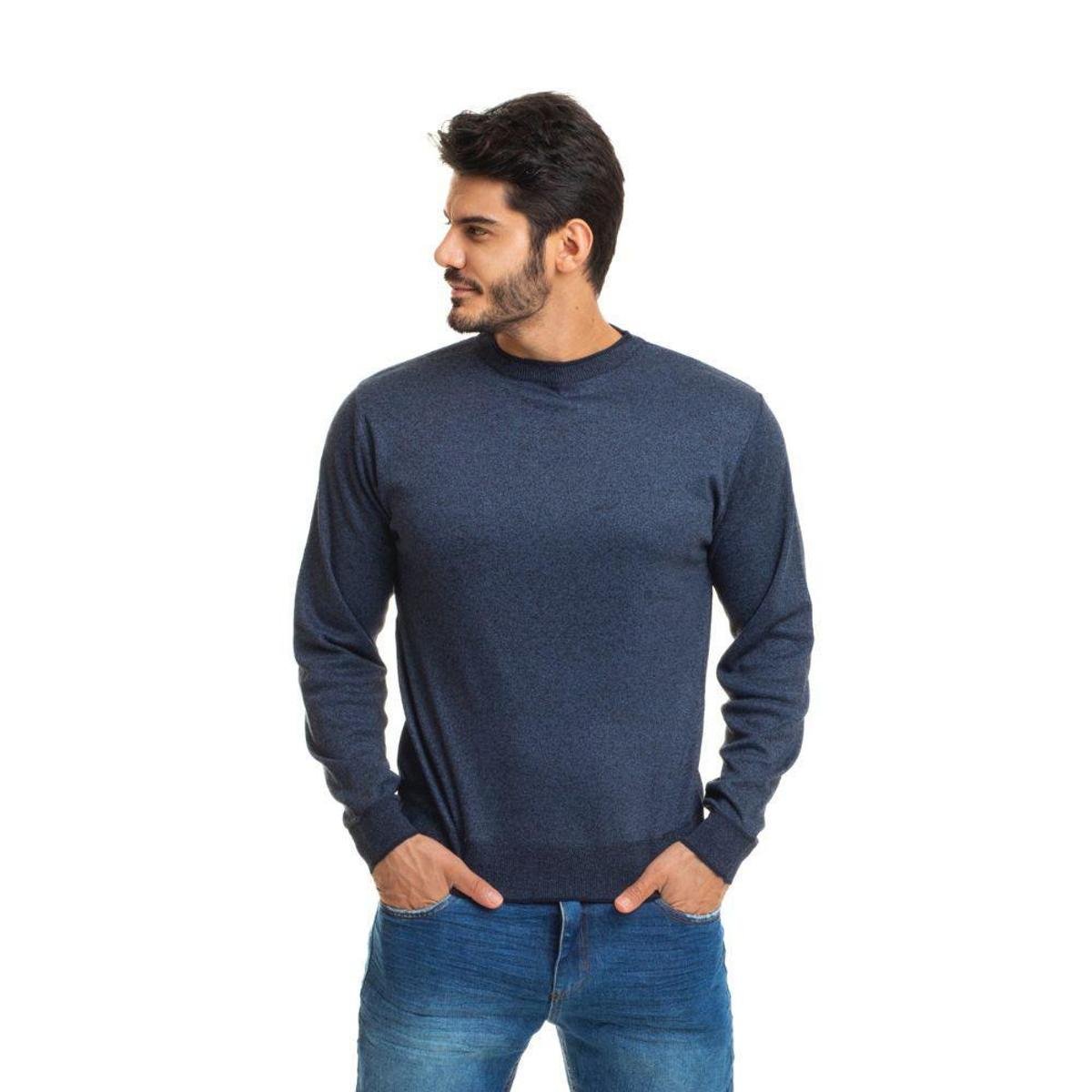 Suéter Masculino Tricô Premium Casual Gola Redonda Lisa Marinho Emporio Alex Menor preço em Suéter Masculino Tricô Premium Casual Gola Redonda Lisa Marinho Emporio Alex