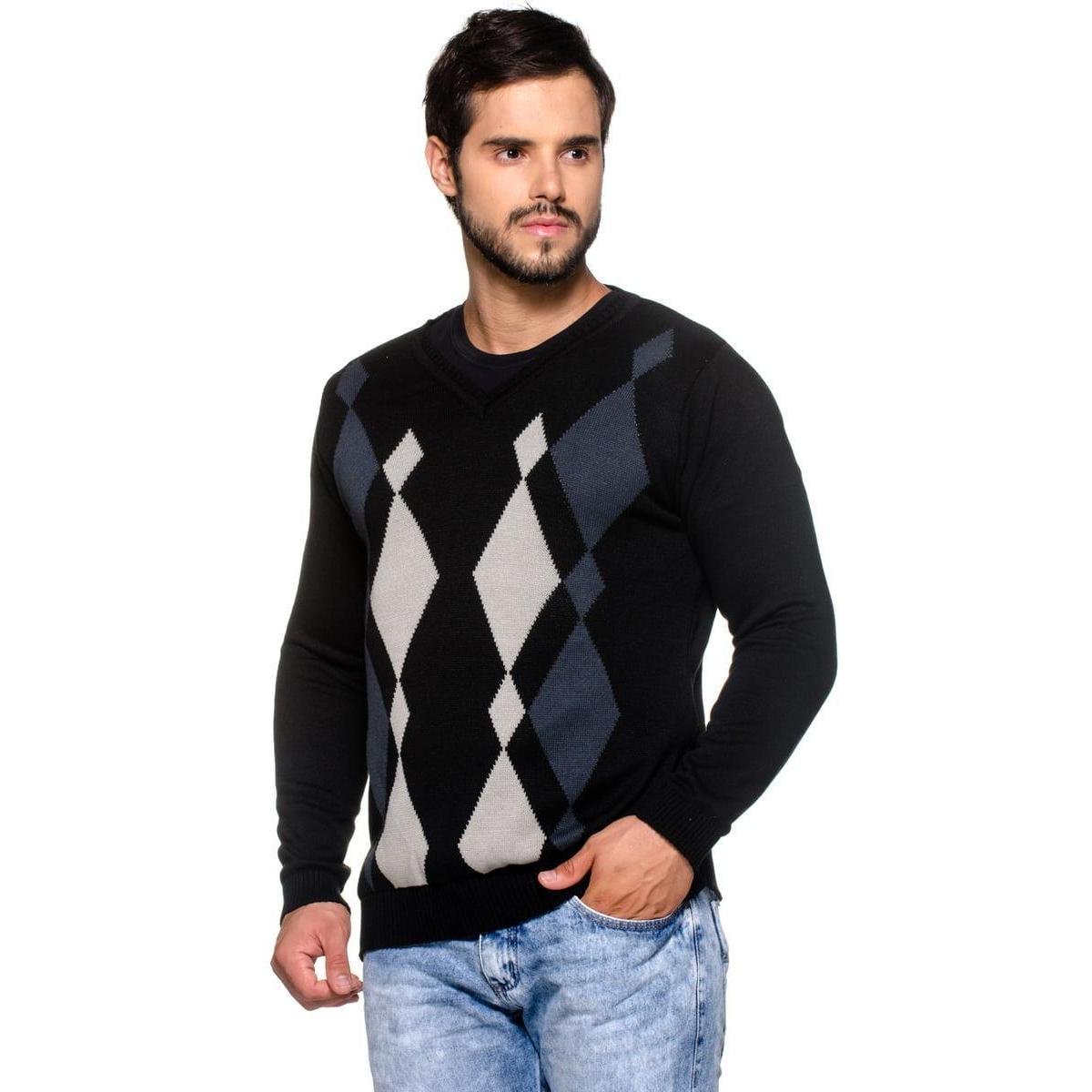 Suéter Officina do Tricô Tricô Jacquard Losango Masculino - Preto Menor preço em Suéter Officina do Tricô Tricô Jacquard Losango Masculino - Preto