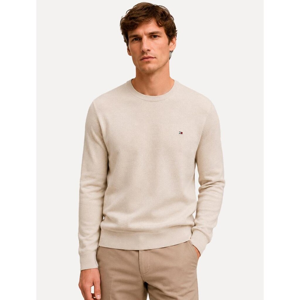 Suéter Tommy Hilfiger Masculino Crewneck Essential Cotton Areia Claro