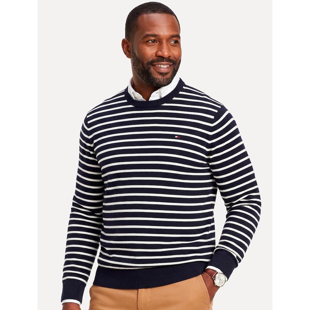 Suéter Tommy Hilfiger Masculino Crewneck Essential Cotton Listrada Azul/Branco