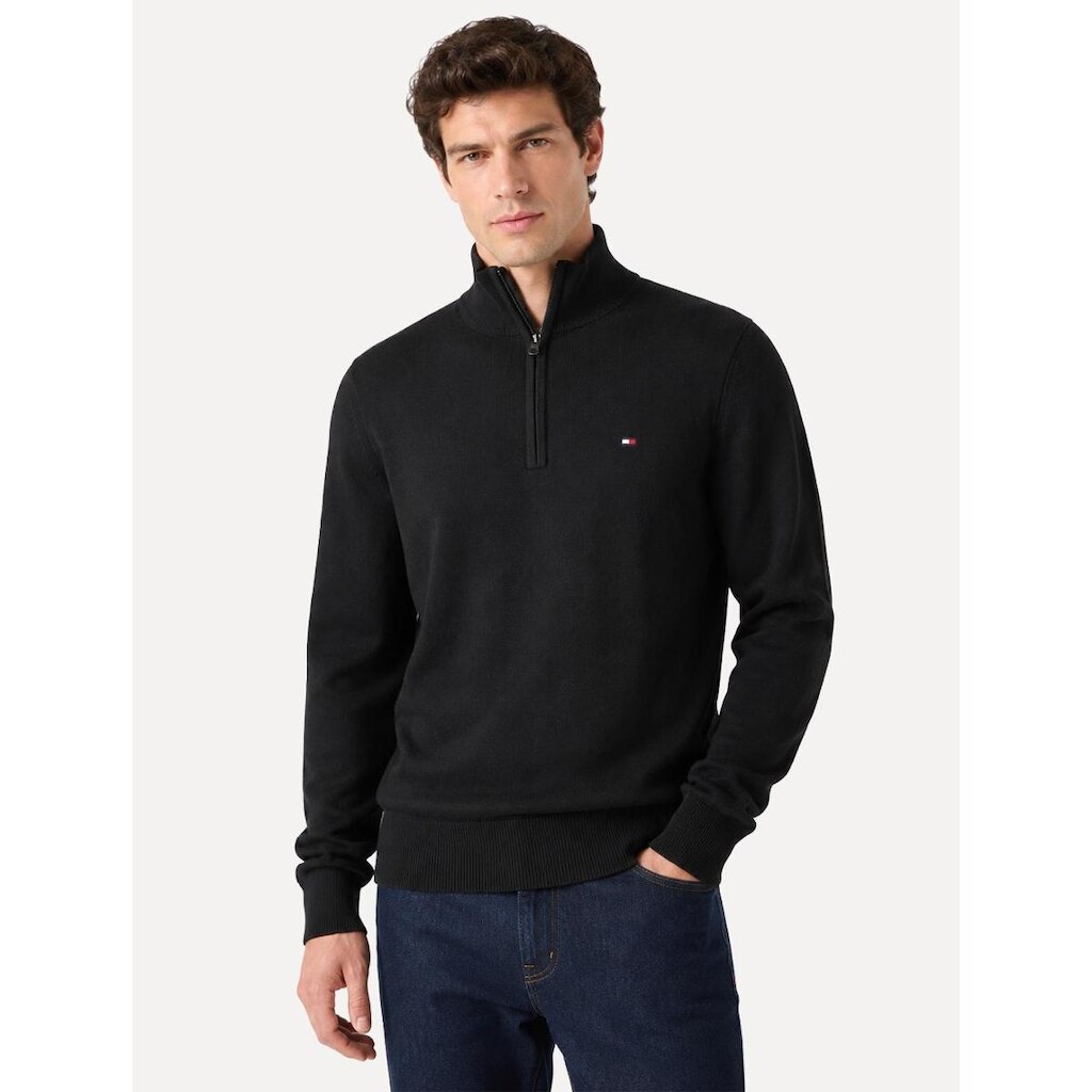 Suéter Tommy Hilfiger Masculino Essential Cotton Half Zip Mock Preta