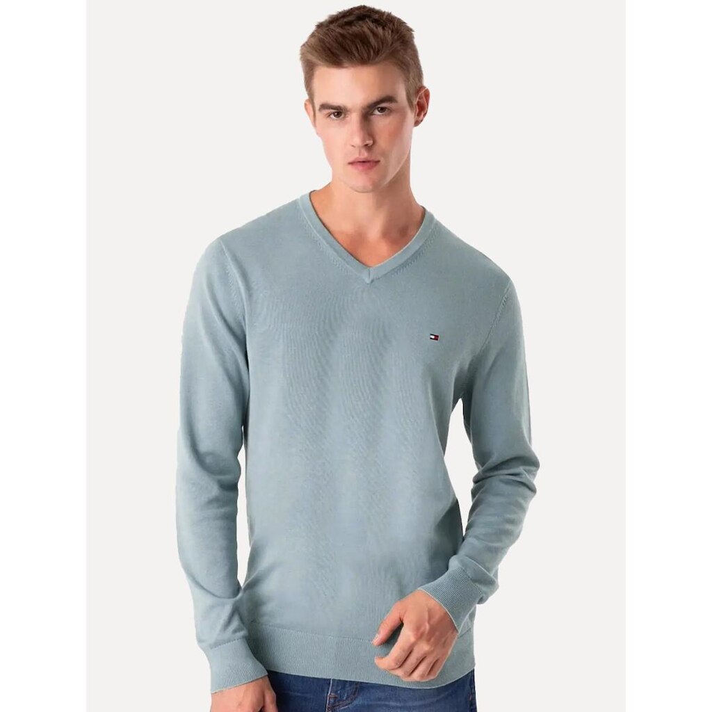 Suéter Tommy Hilfiger Masculino Signature V-Neck Azul Médio