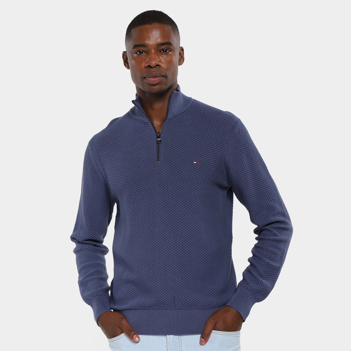 Suéter Tommy Hilfiger Oval Structure Zip Mock Masculino Menor preço em Suéter Tommy Hilfiger Oval Structure Zip Mock Masculino