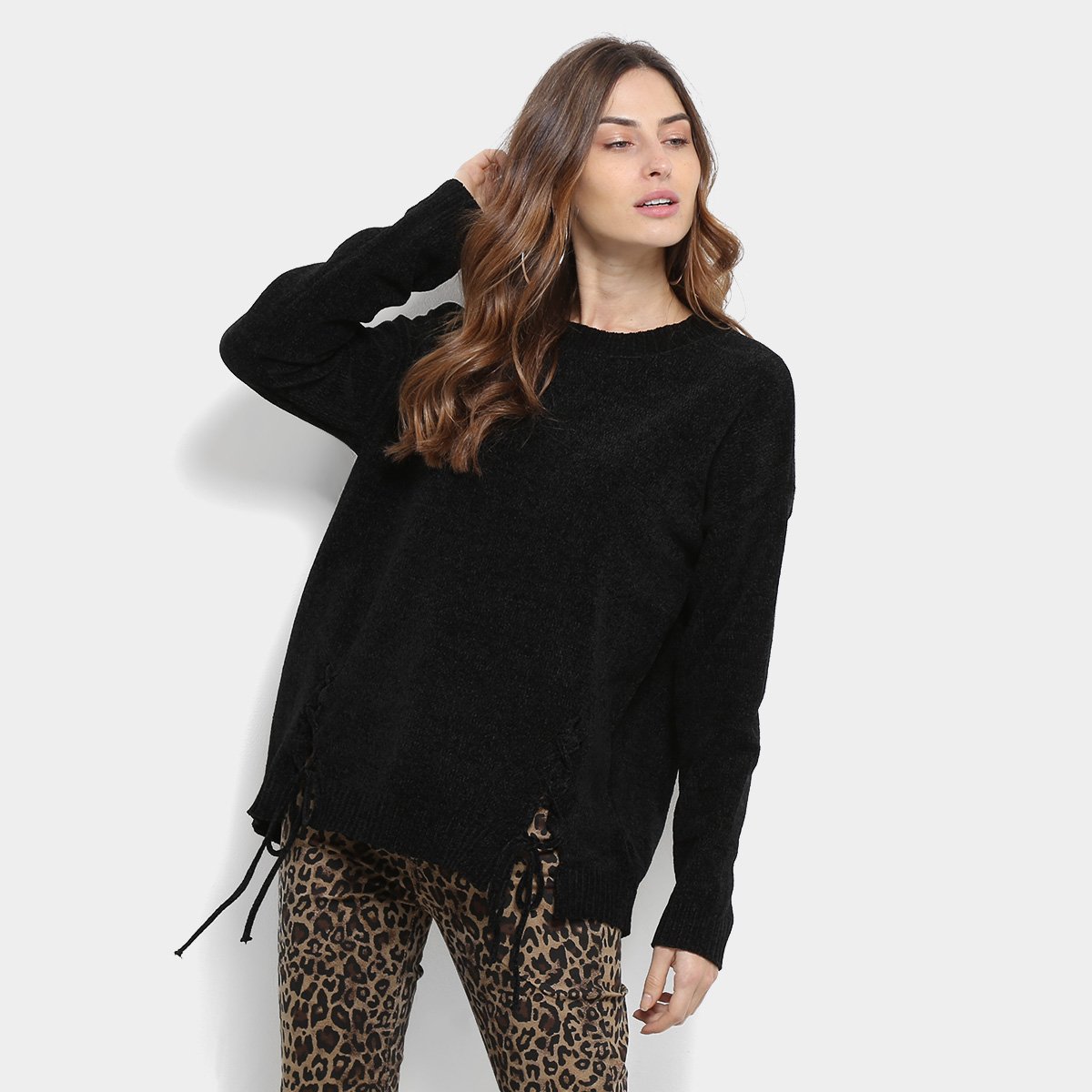 Suéter Tricô Facinelli Amarração Feminino - Preto Menor preço em Suéter Tricô Facinelli Amarração Feminino - Preto